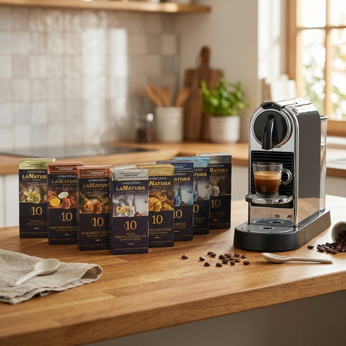 Aromatisierter Kaffee - Kennenlern Set mit 8 Sorten in einer Küche - La Natura Lifestyle