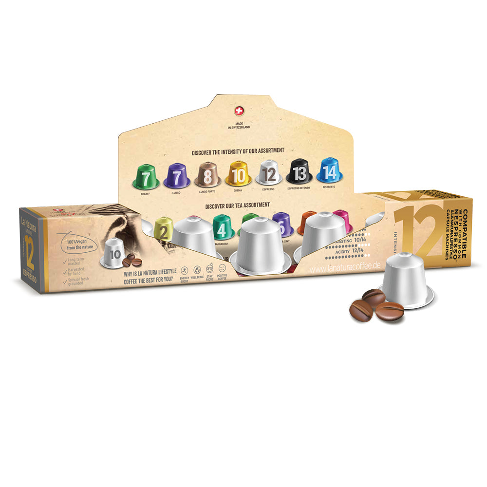 Espresso Aluminium Kaffeekapseln Nespresso kompatibel La Natura Verpackung offen