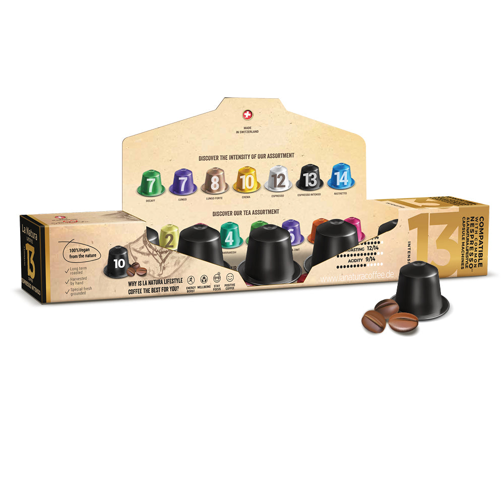 Espresso Intenso Aluminium Kaffeekapseln Nespresso kompatibel La Natura Verpackung offen