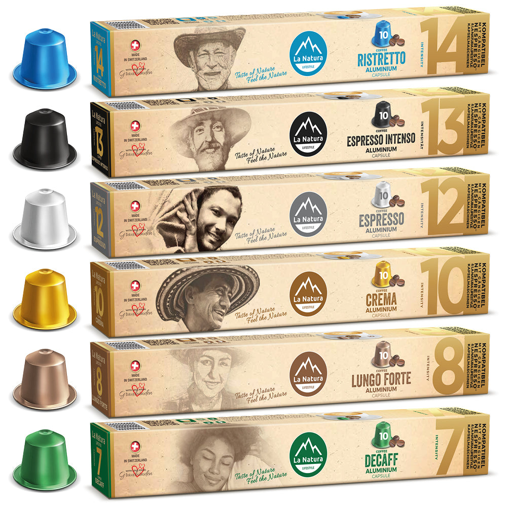 Kaffee Probier-Set - 6 Sorten Aluminium Kaffeekapseln Nespresso kompatibel La Natura