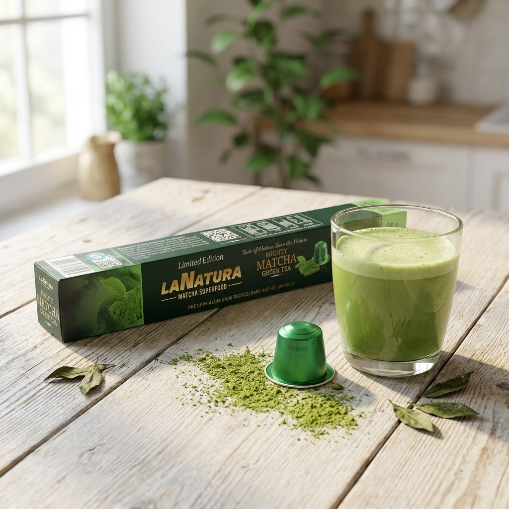 eine Verpackung mit La Natura Matcha Kapseln und einem Glas Matcha