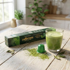 eine Verpackung mit La Natura Matcha Kapseln und einem Glas Matcha