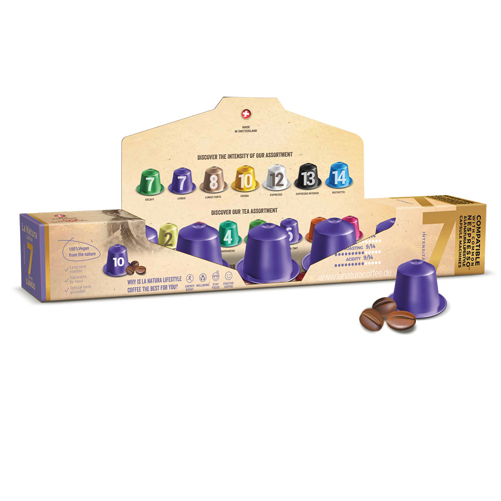 Lungo Aluminium Kaffeekapseln Nespresso kompatibel La Natura Verpackung offen