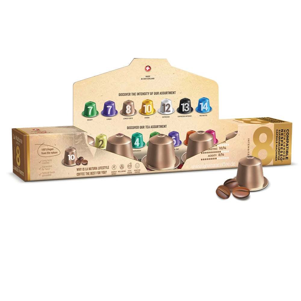 Lungo Forte Aluminium Kaffeekapseln Nespresso kompatibel La Natura Verpackung offen