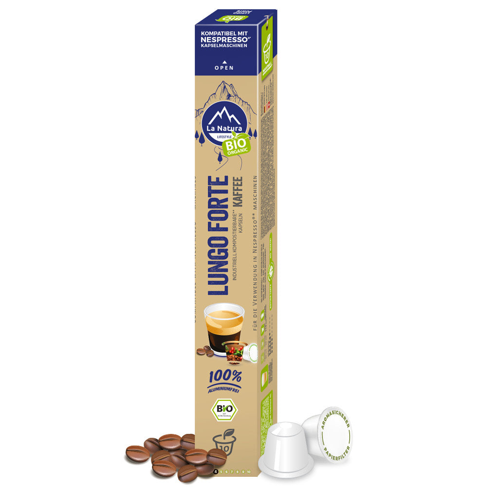 Lungo Forte kompostierbare Bio Kaffeekapseln Nespresso kompatibel La Natura
