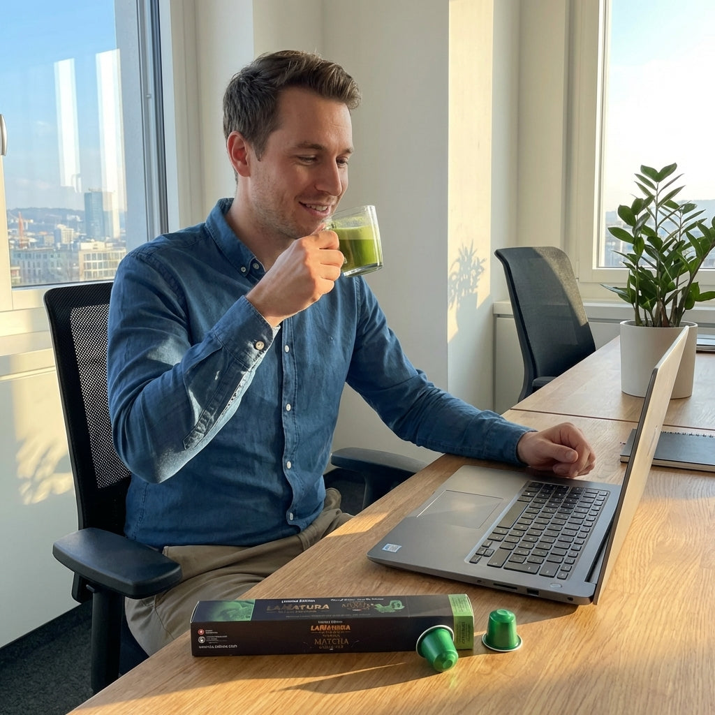 in Mann trinkt im Büro Matcha den er mit den Matcha Kapseln von La Natura zubereitet hat.