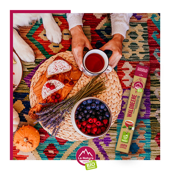 Tee Pause mit Waldbeeren Tee, Kuchen und Waldbeeren